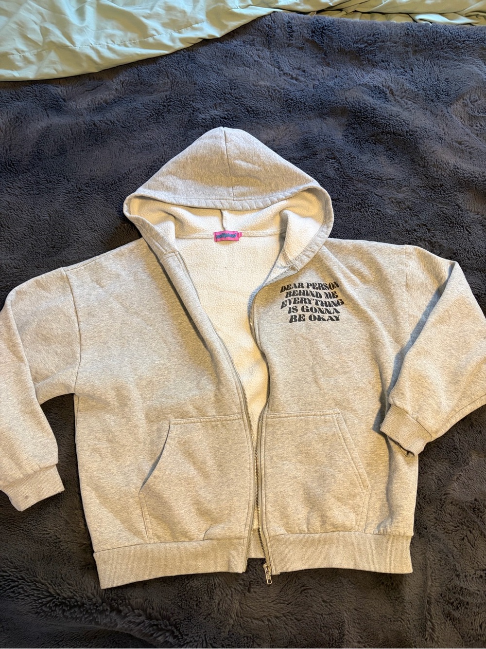 Edikted Everything Is Gonna Be Okay Grey Oversized Zip Up Hoodie